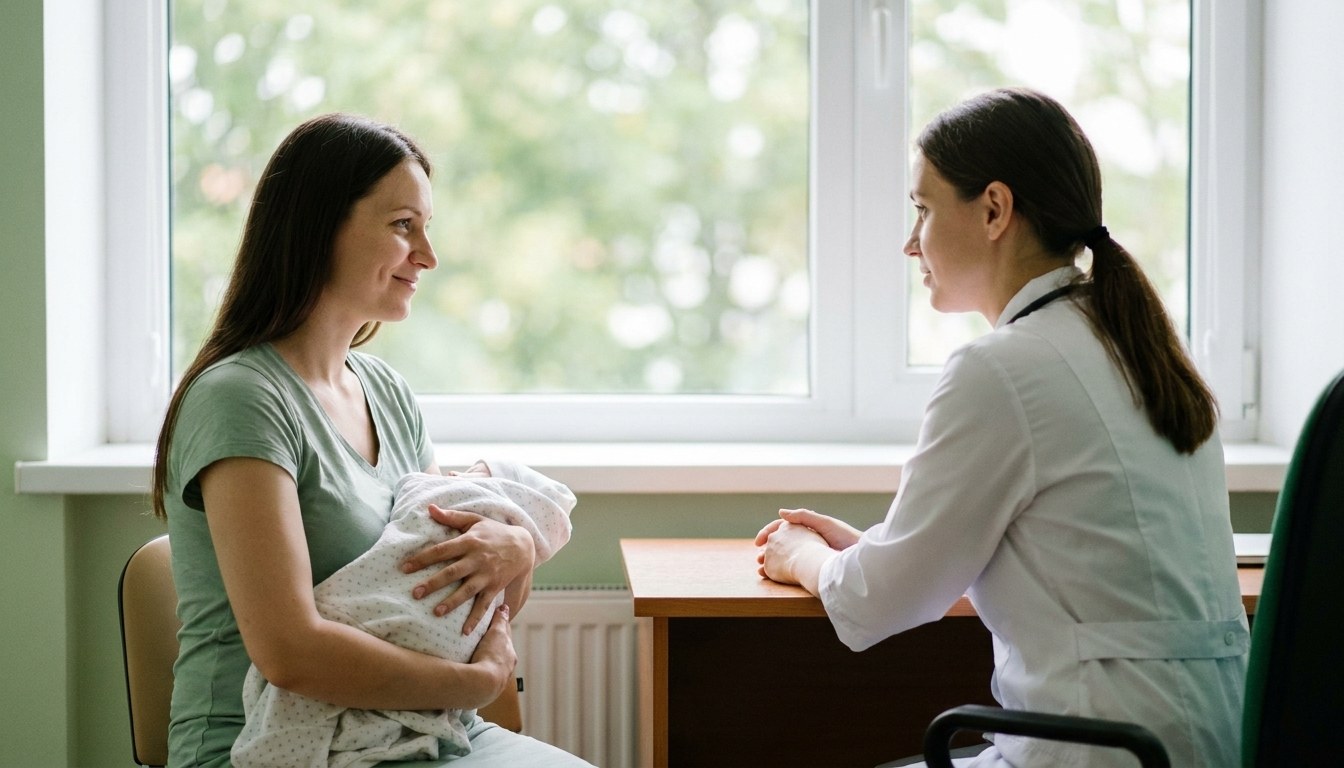 Женщина после родов на консультации у врача обсуждает восстановление мышц тазового дна